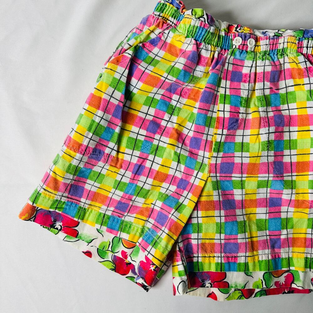 Vintage 80s New Moves Floral Trim Colorful Gingham Print Picnic Shorts Sz S 7/8